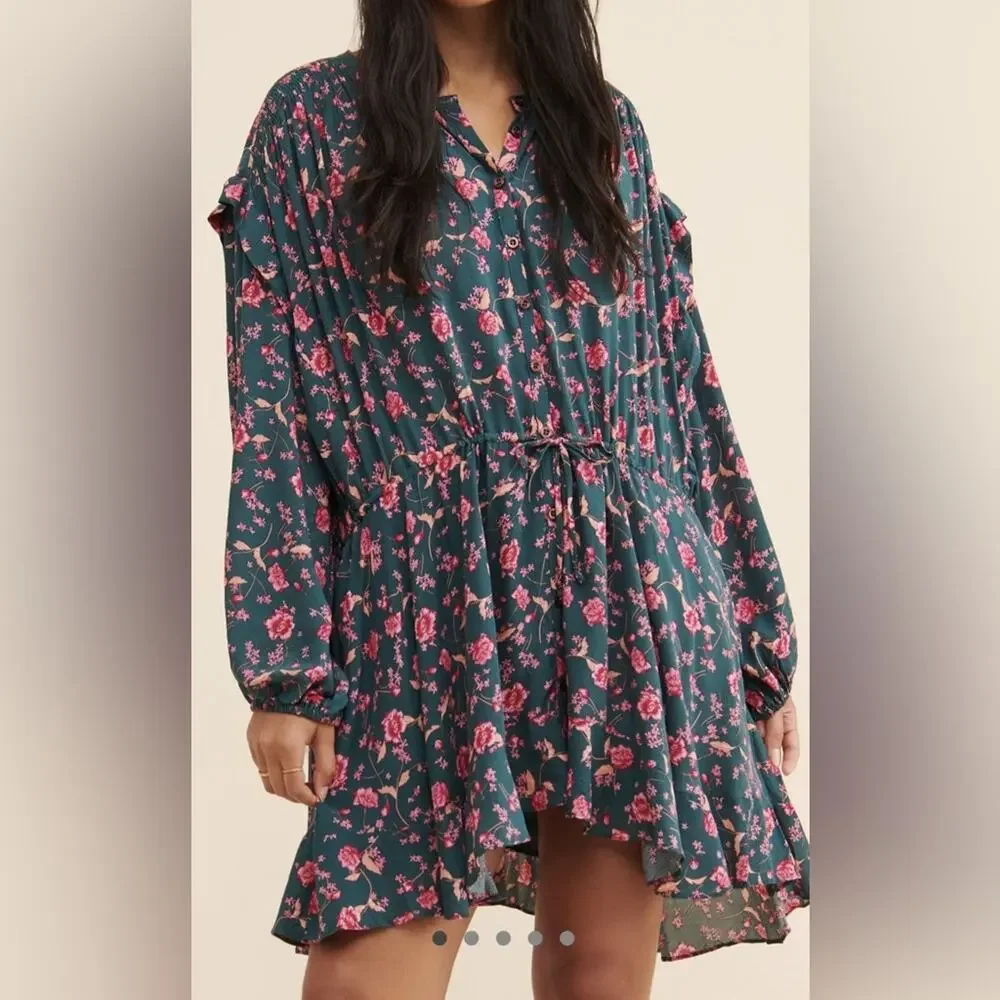 Free People Womens Green Flower Fields Mini Ruffle Shirt Dress S Boho